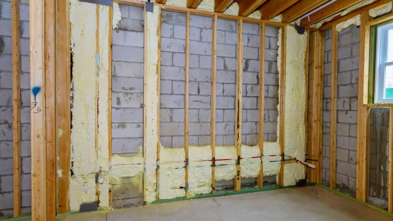 Unfinished basement with spray foam applied at the rim joist band and around the framing against a block foundation wall