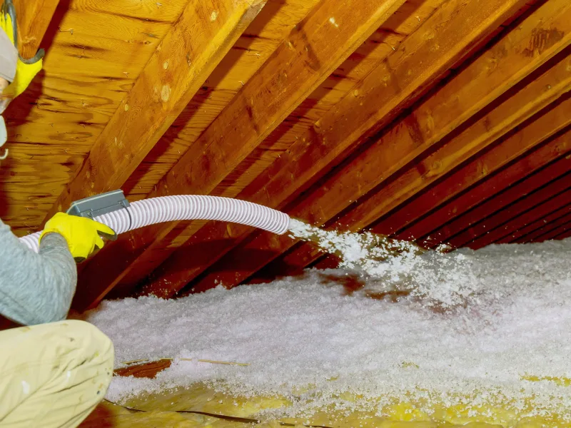 Installer blowing loose-fill insulation to depth across an attic floor