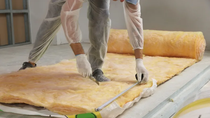 Worker measuring and cutting a fiberglass batt to length with a knife and tape before it goes into the bay