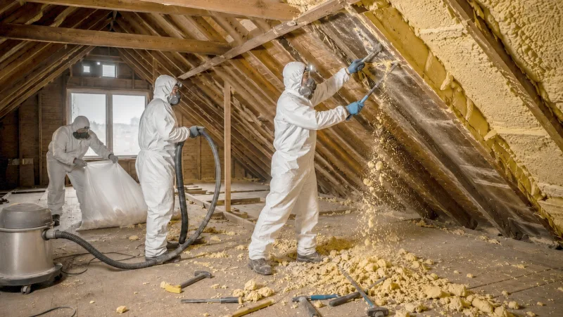 Crew scraping cured spray foam off an attic roof deck, with debris vacuumed and bagged as it comes down